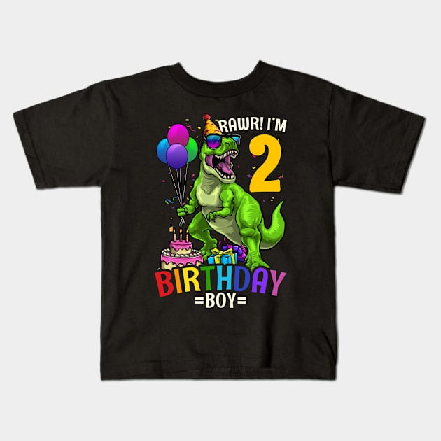 2nd Birthday T Rex Birthday Boy Kids T-Shirt by KAWAIITEE